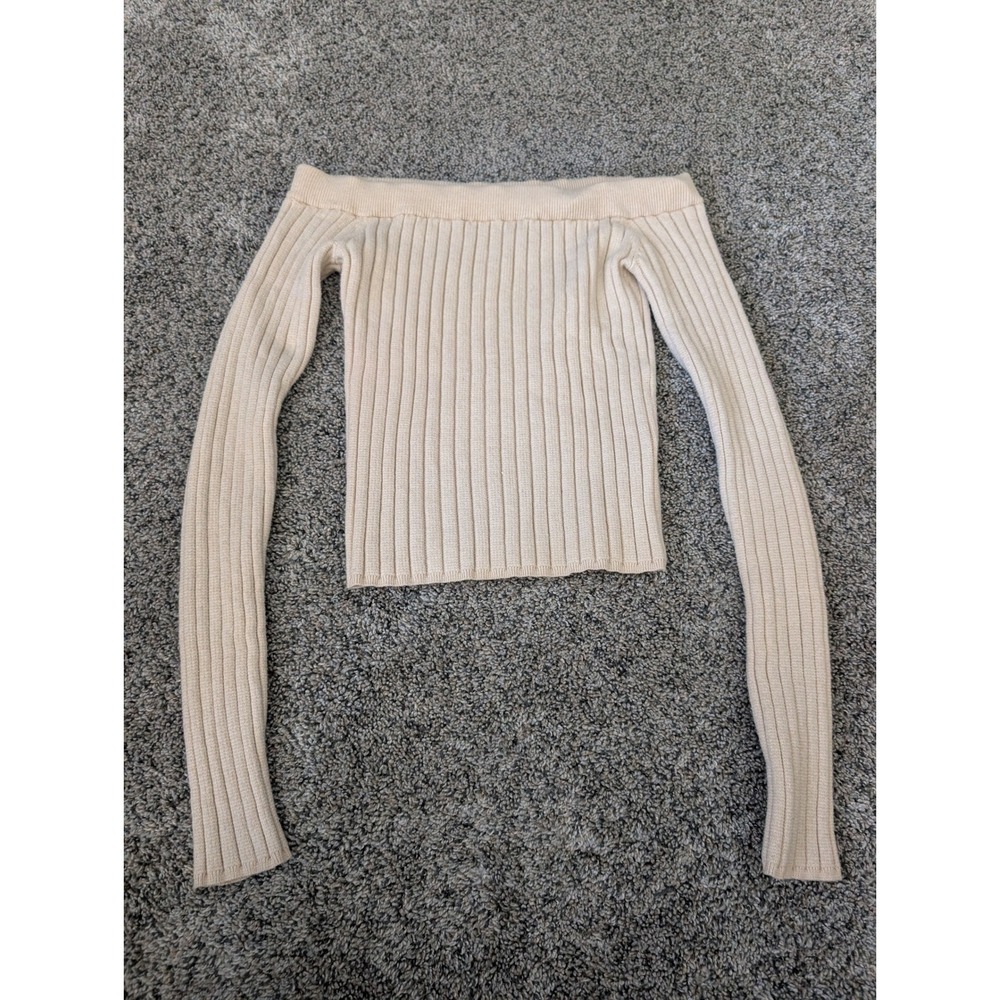 Aerie Beige Ribbed Off the Shoulder Long‎ Sleeve Sweater Top XS